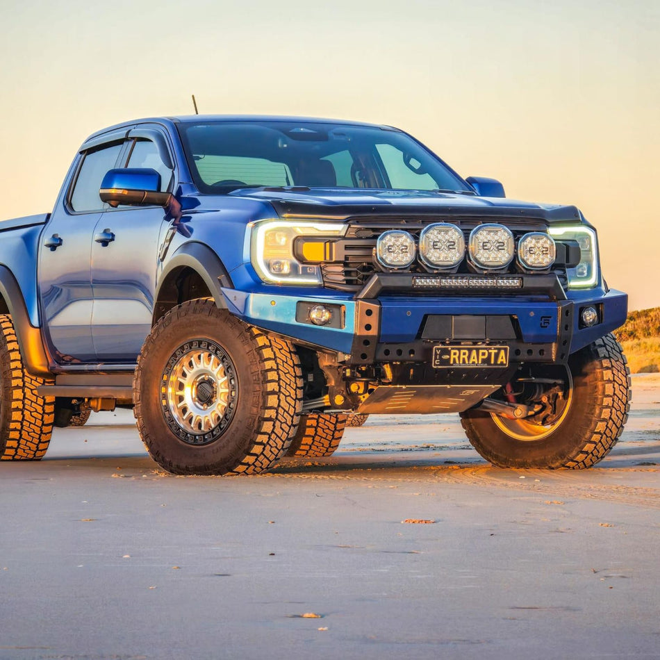 Ford Ranger Raptor Bull Bar Low Line Winter with hooped light bar, fog lights and winch cradle. Best looking Bull Bar in Australia. Made by Raslarr Engineering in Lilydale, VIC, Australia